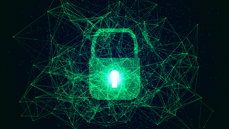 A digital padlock icon illuminated in green, surrounded by a network of interconnected lines and nodes against a dark background, symbolizing cybersecurity and data protection.