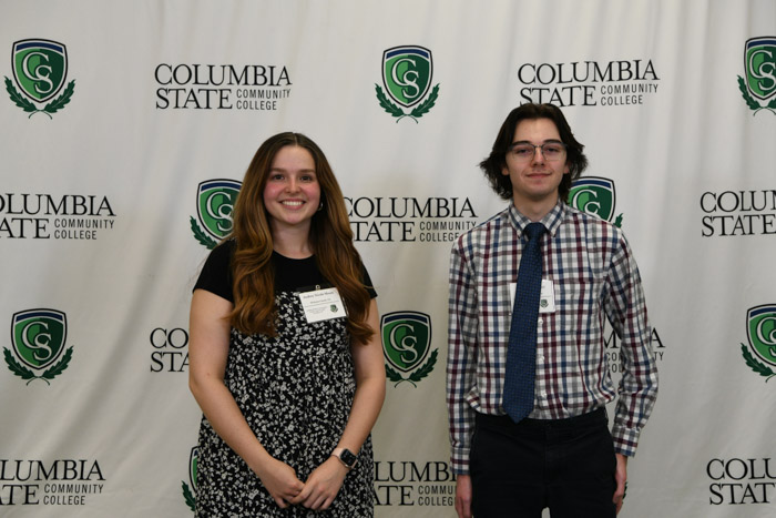 Pictured (left to right): Audrey Nicole Moore received the Radiologic Technology Academic Discipline Award and Brendan R. Mincy received the Psychology Academic Discipline Award. Not pictured: Leslie Ezelle received an Academic Excellence Award; Leanna Lynn Hinton was honored by the Veterans Student Organization Communications Office; Laura Rose West was honored for serving as the Veterans Student Organization vice president; and Lakelon Joe Bates was honored for serving as the Student Government Association At Large House of Representatives.