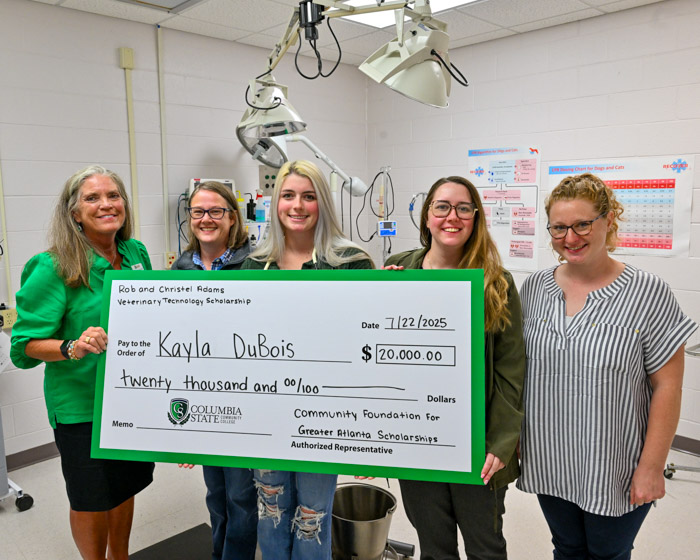 Pictured (left to right): Dr. Kae Fleming, Columbia State dean of the Health Sciences Division; Dr. Julie Anderson, Columbia State veterinary technology program director and assistant professor of veterinarian technology; Kayla DuBois, Columbia State veterinary technology student; Brie Pruitt, Columbia State veterinary technology instructor and NAVTA advisor; and Alison Duever, Columbia State veterinary technology instructor.