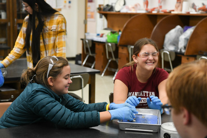 2023 STEM Within Reach attendees dissect cow eyeballs. 